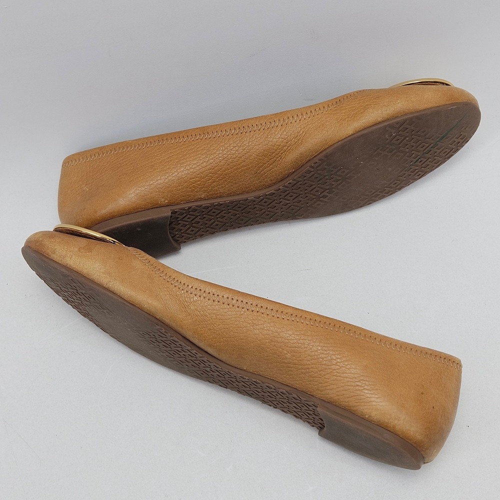 Tory Burch Tan Leather Reva Ballet Flats with Gold Logo - Picture 3 of 12